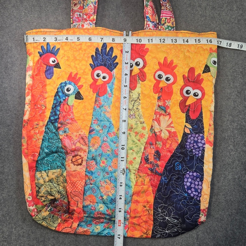 Quilted Tote Bag Purse Colorful Chicken Rooster Floral Orange Cottagecore - Picture 2 of 7